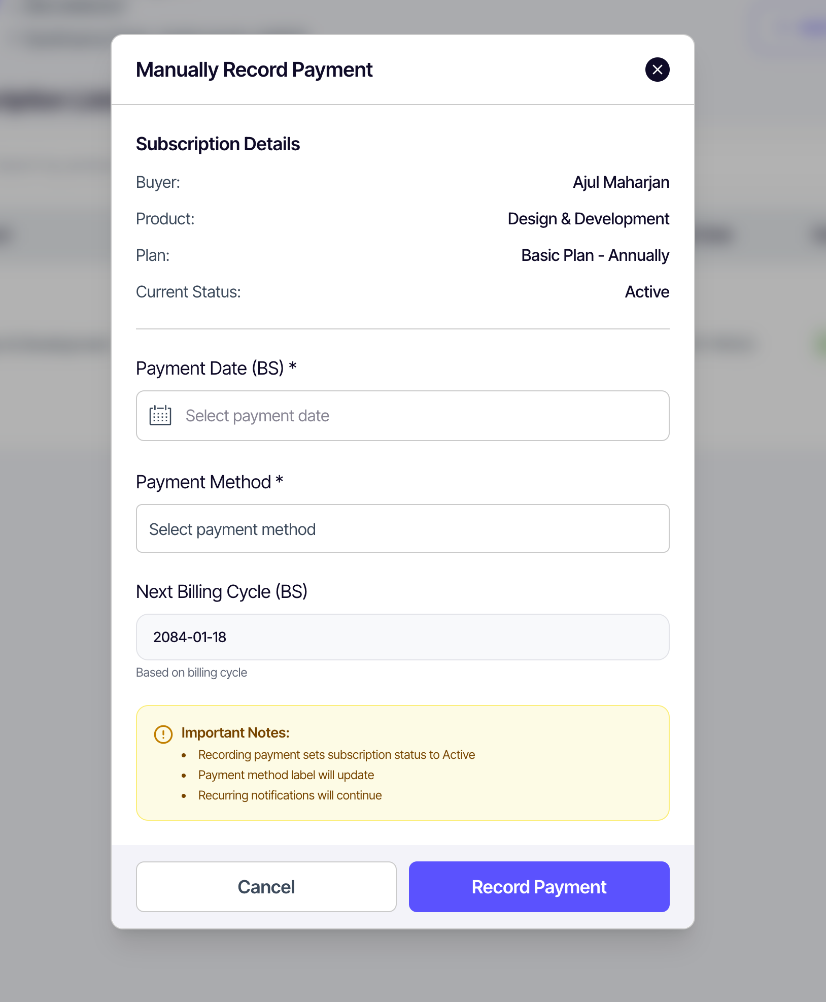 Record payment modal