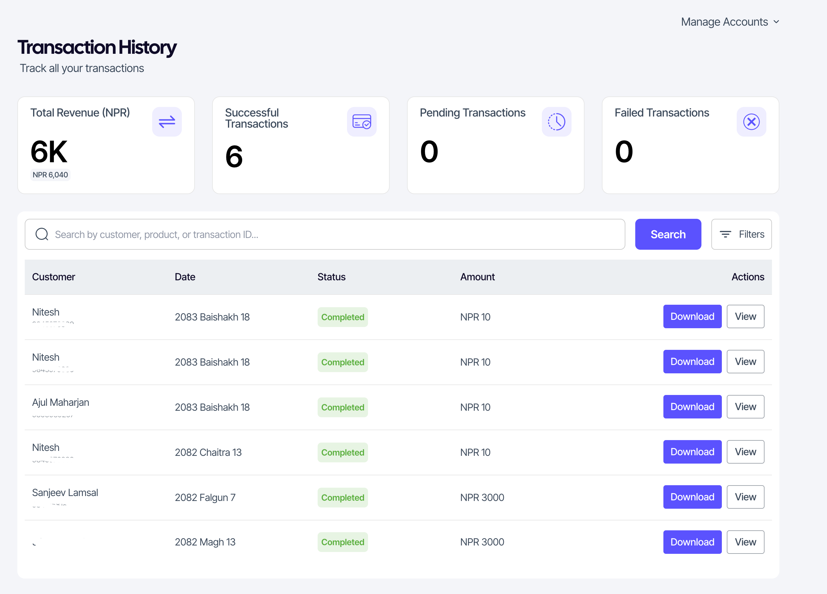 Transactions list